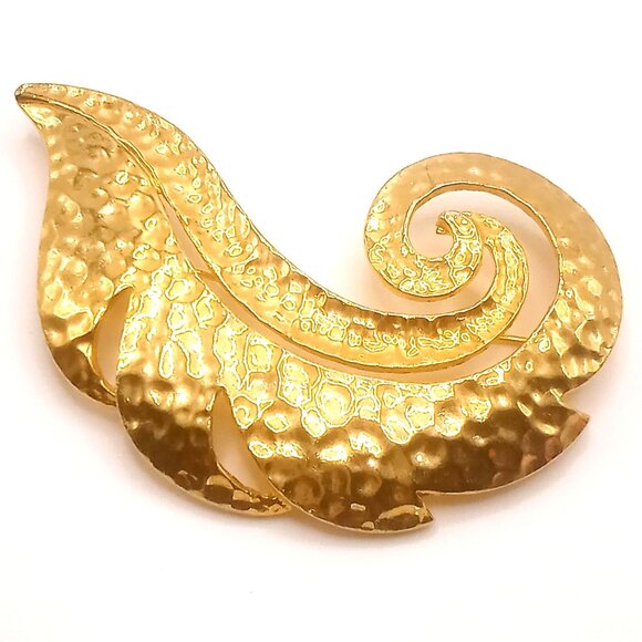 Vintage Brooch Hammered Curled Leaf Feather Design Gold Plated Metal Pin 3" - Picture 3 of 10